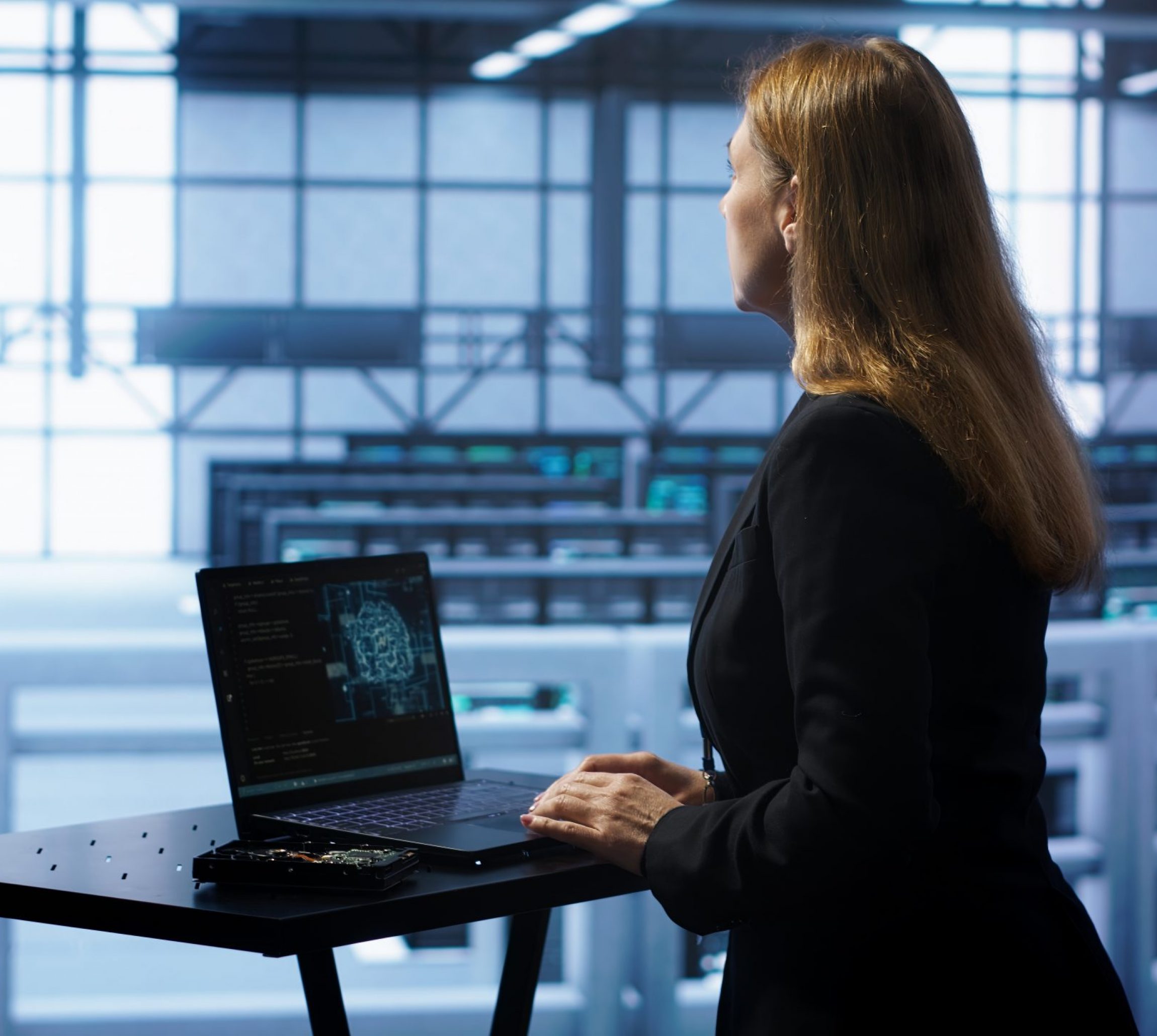 Admin in data center works with artificial intelligence computerized model simulating human brain. Employee working on notebook with AI machine learning algorithms using pattern recognition, camera A